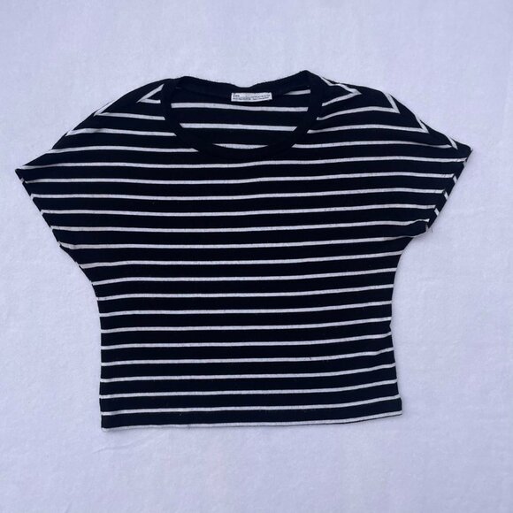 Zara Black and White Striped Crop Top Baby Tee Size M Emo Grunge Alt Goth - Picture 1 of 5